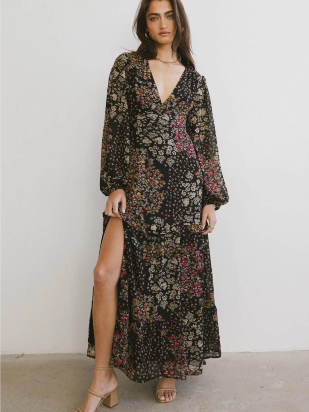 NWT Black Floral Chiffon V-Neck Long Sleeve Maxi Dress - Picture 1 of 14